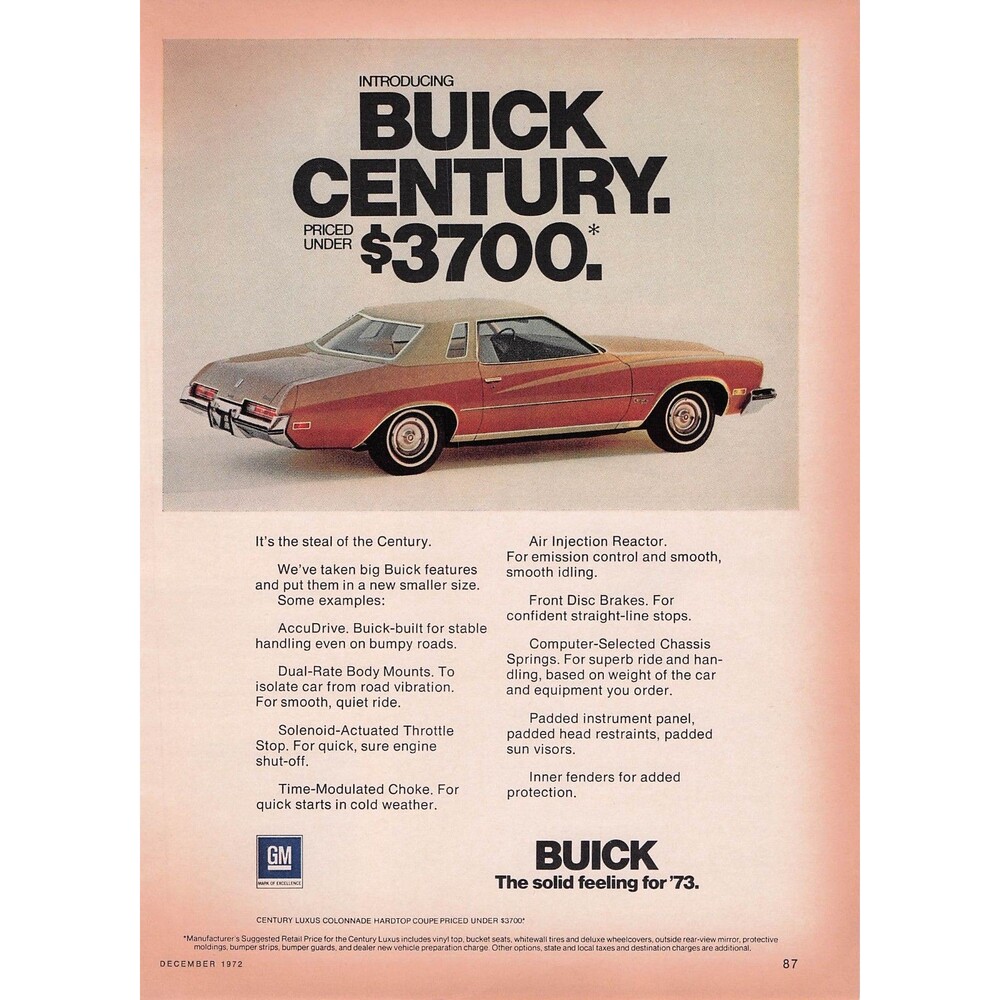 1973 Buick Century Vintage Print Ad Luxus Colonnade Hardtop Coupe GM car decor